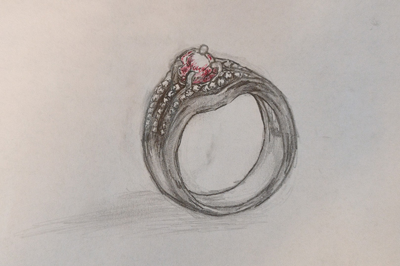 Dessin d'une bague rubis proposée par Or Gemmes.